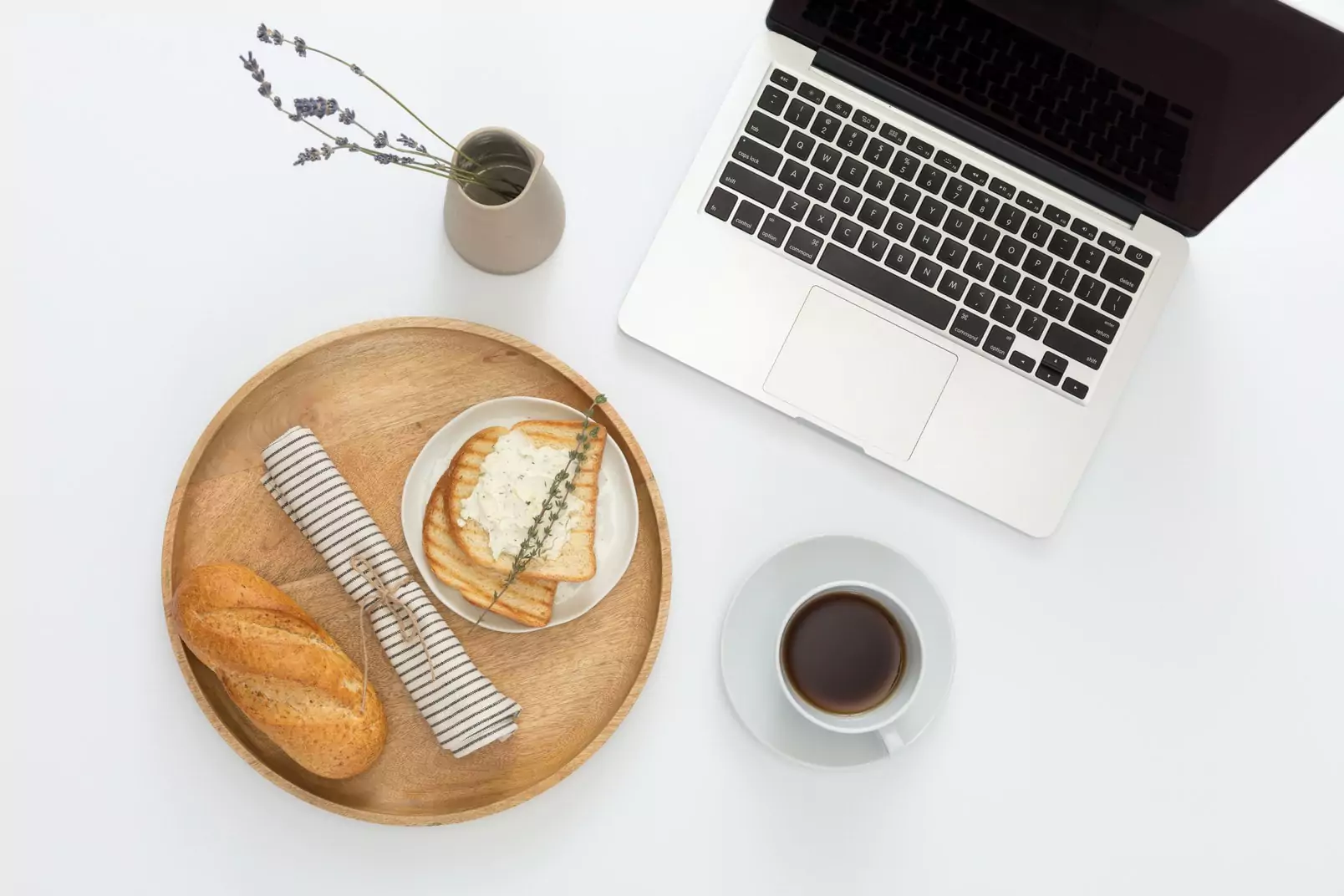 Working lunch with bread and coffee